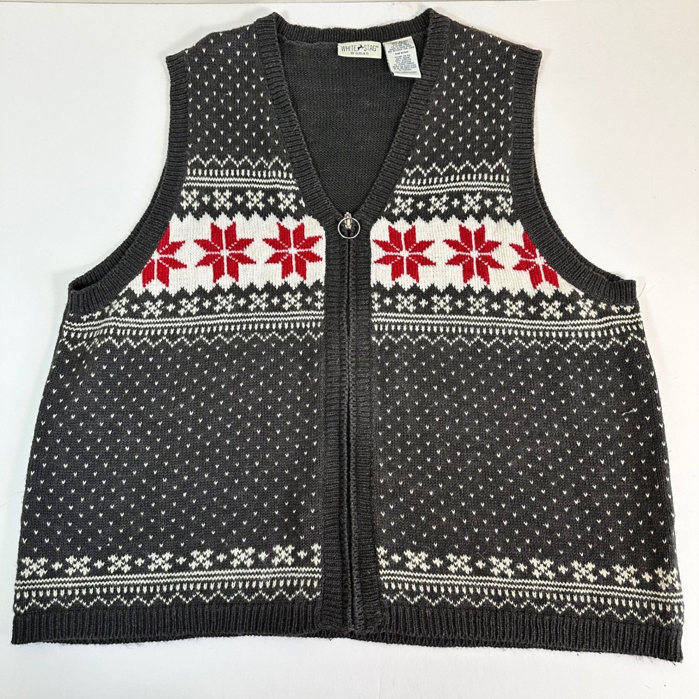 Fair Isle Snowflake Sweater Vest Gray Red White‎ Zip Front Plus 18W/20W Winter